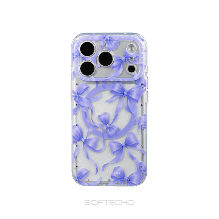Phone case with purple bows and clear design on a white background