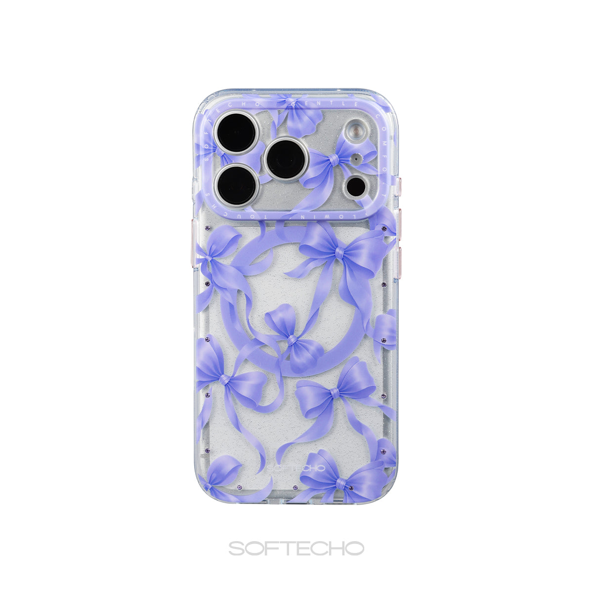 Phone case with purple bows and clear design on a white background