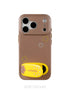 Brown phone case with yellow accent and 'softechco' branding on a white background