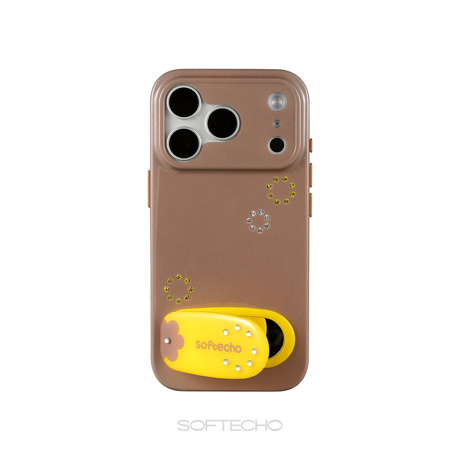 Brown phone case with yellow accent and 'softechco' branding on a white background