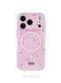 Pink phone case with gold polka dots and 'SOFTECHO' branding on a white background