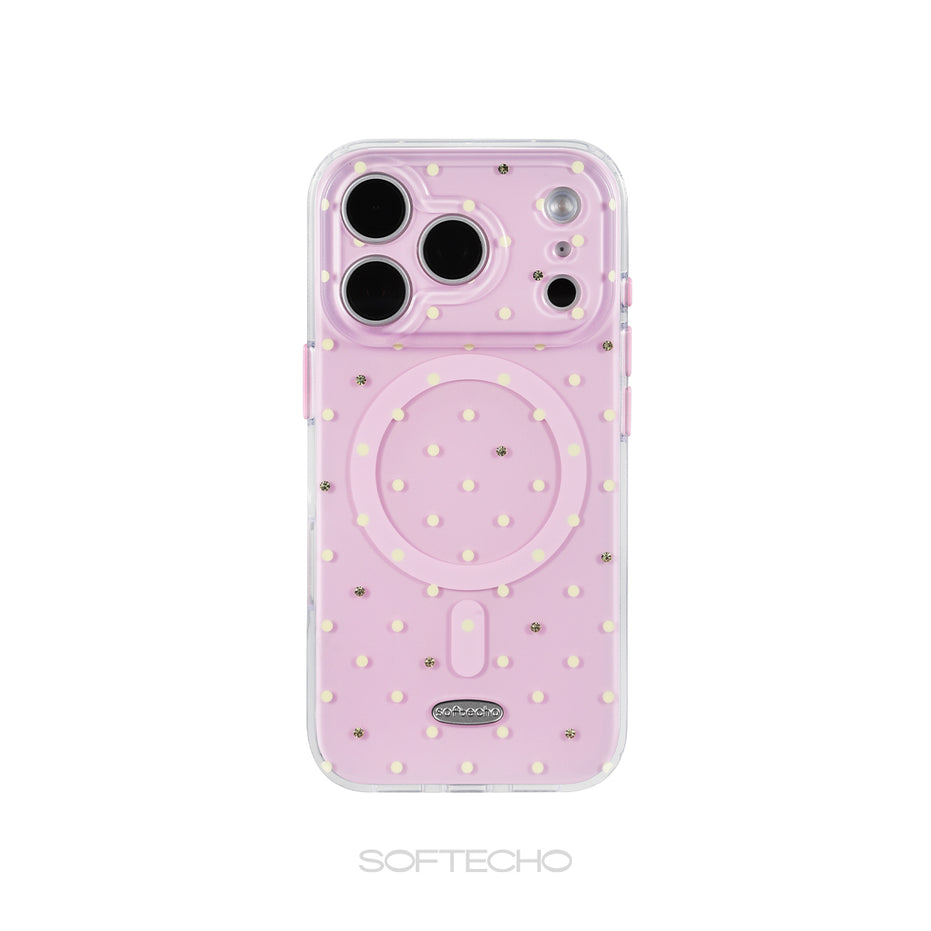 Pink phone case with gold polka dots and 'SOFTECHO' branding on a white background