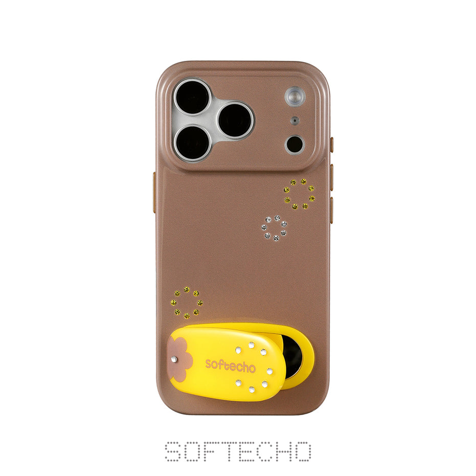 Brown phone case with a yellow earbud holder and 'Softecho' branding on a white background