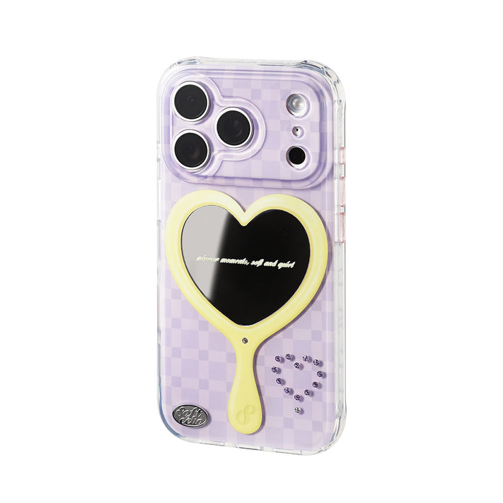 Phone case with heart-shaped mirror and checkered pattern 
