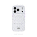Clear phone case with purple polka dots and wireless charging pad on a white background