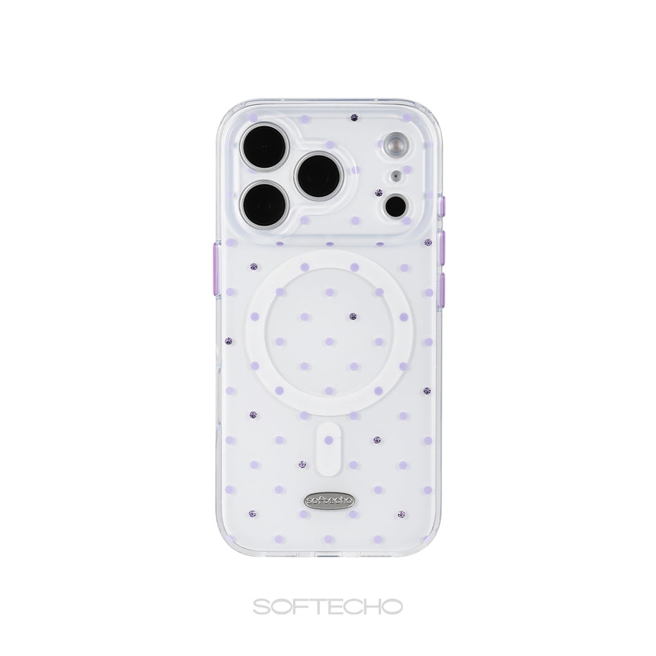 Clear phone case with purple polka dots and wireless charging pad on a white background