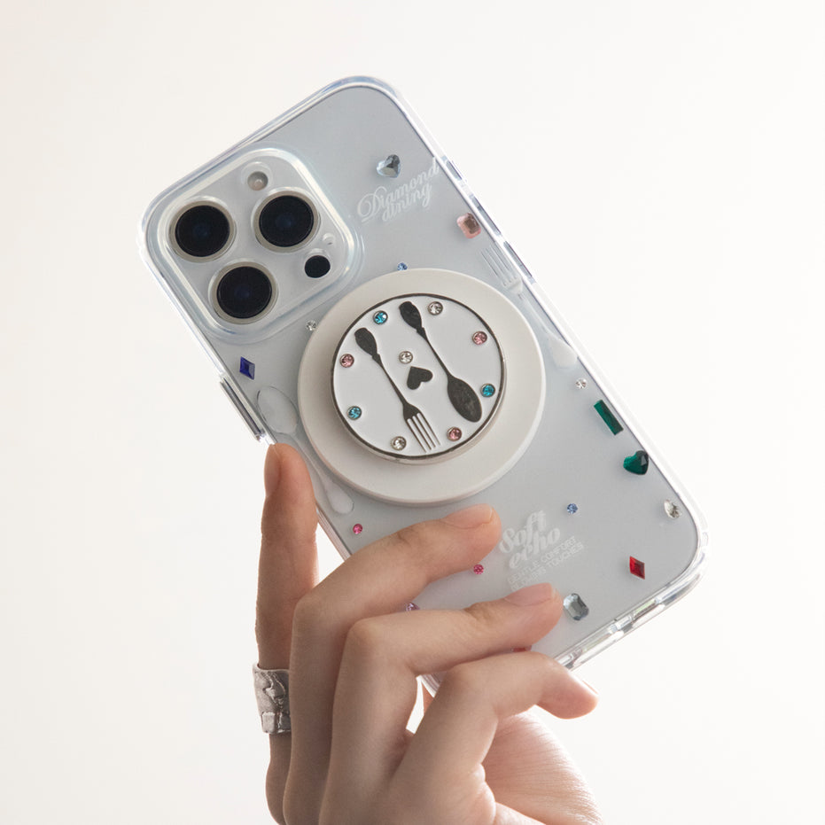 Phone case with a stand held by a hand on a white background