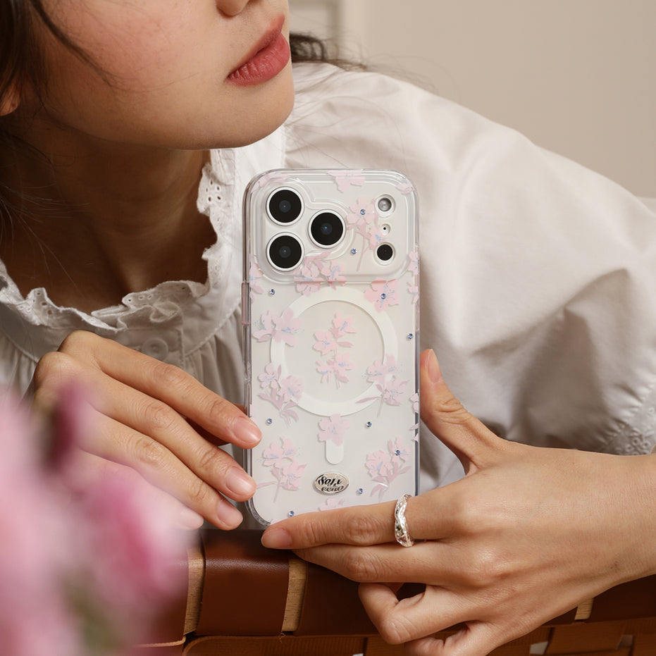 Person holding a phone with a floral case
