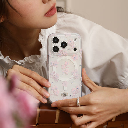Person holding a phone with a floral case