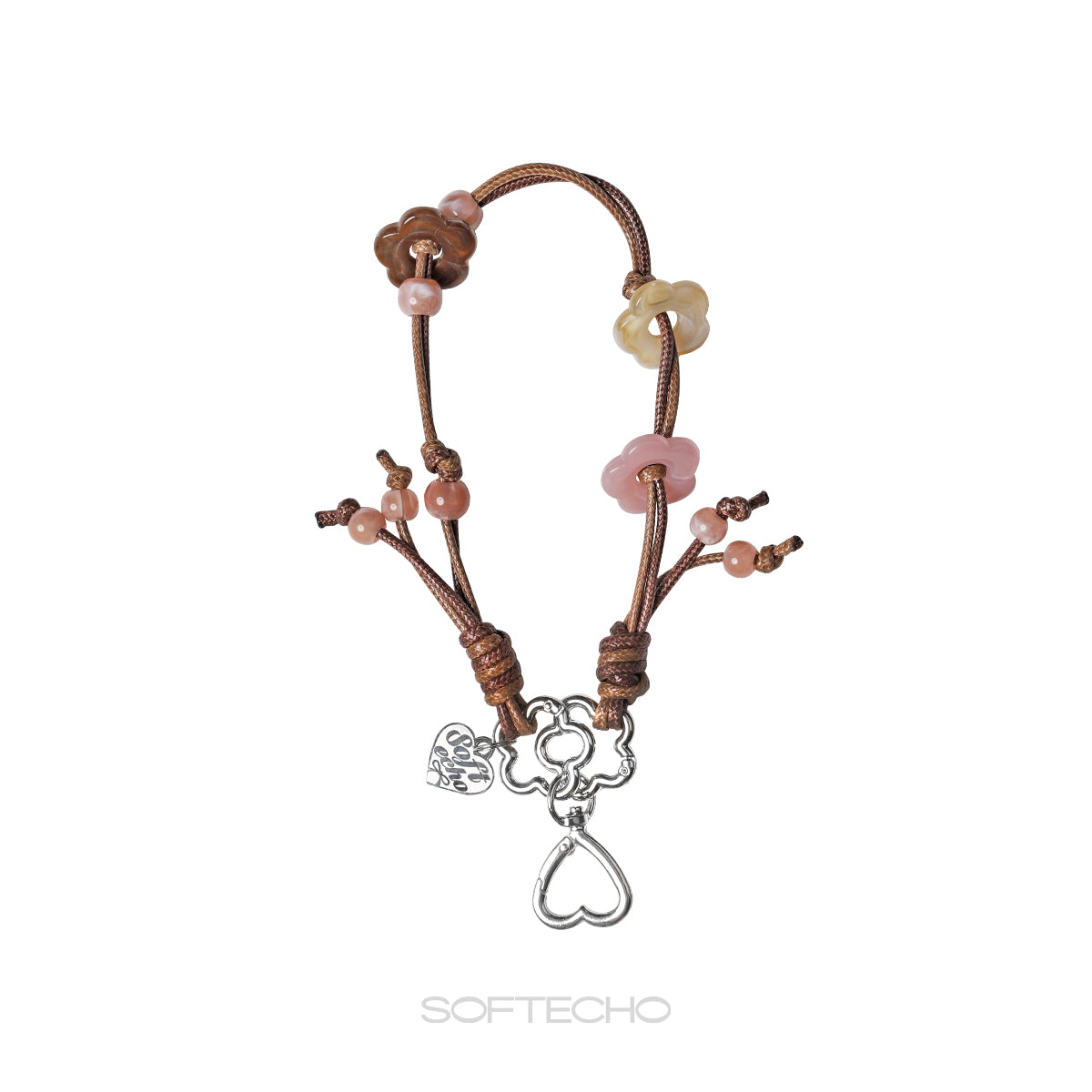 Beaded keychain with heart charm on a white background, branded 'SOFTECHO'.