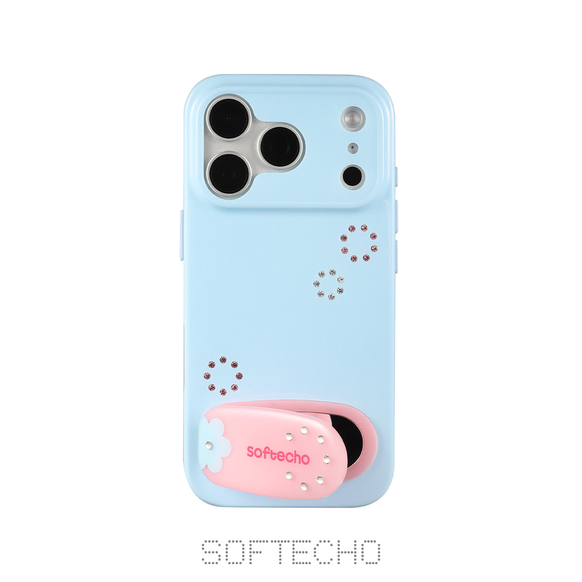 Light blue phone case with pink accents and 'Softecho' branding on a white background