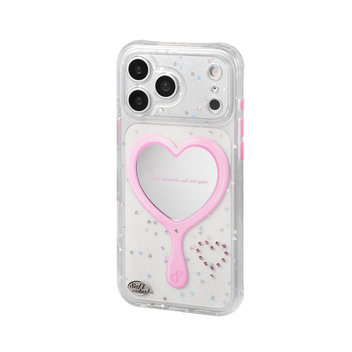 Phone case with a pink heart-shaped mirror 