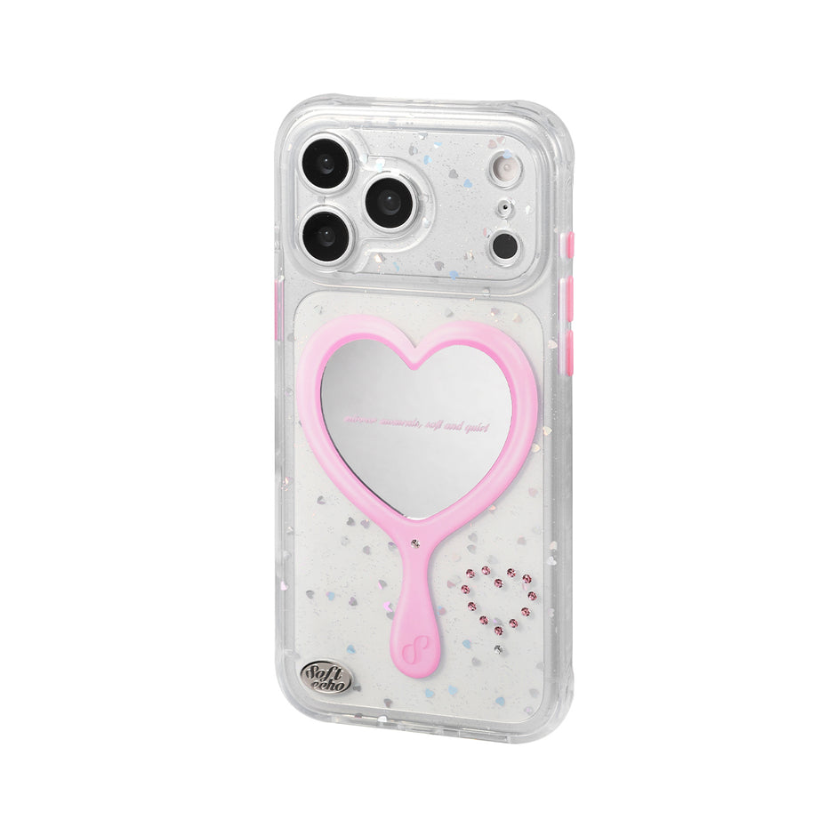 Phone case with a pink heart-shaped mirror 