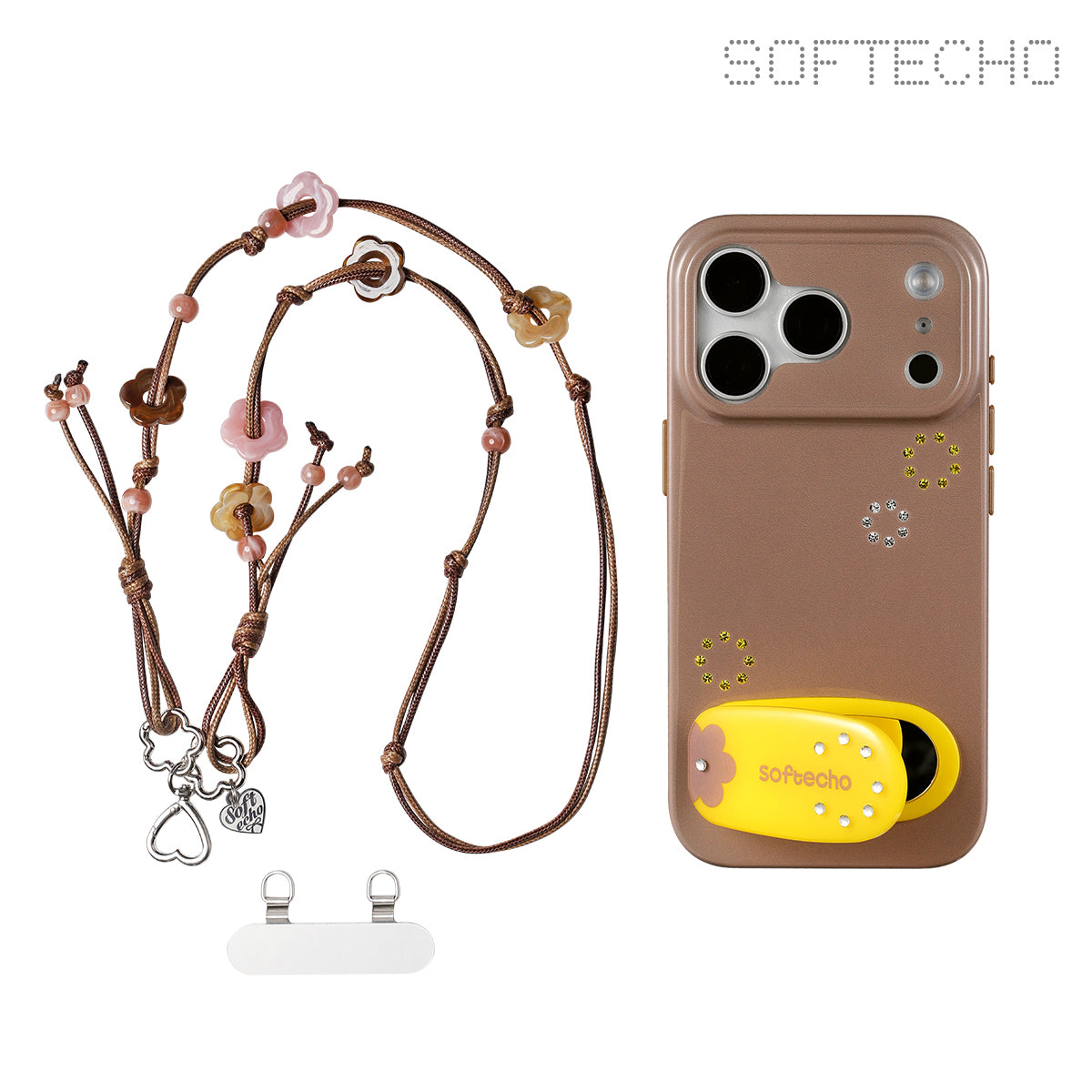 Phone case with yellow slipper design and decorative phone strap on a white background, featuring the brand 'SOFTECHO'.