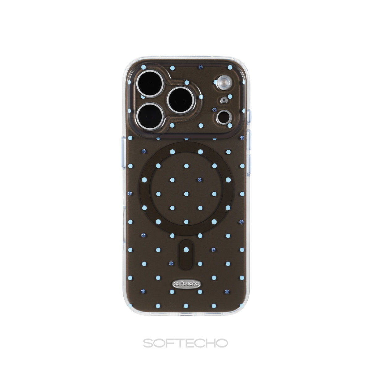 Phone case with blue polka dots on a white background