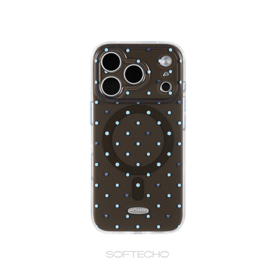 Phone case with blue polka dots on a white background