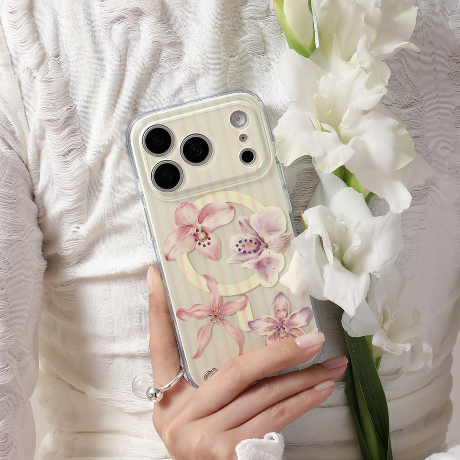 Person holding a phone with a floral case 