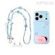 Light blue phone case with pink accent and lanyard on a white background, featuring Softecho branding.