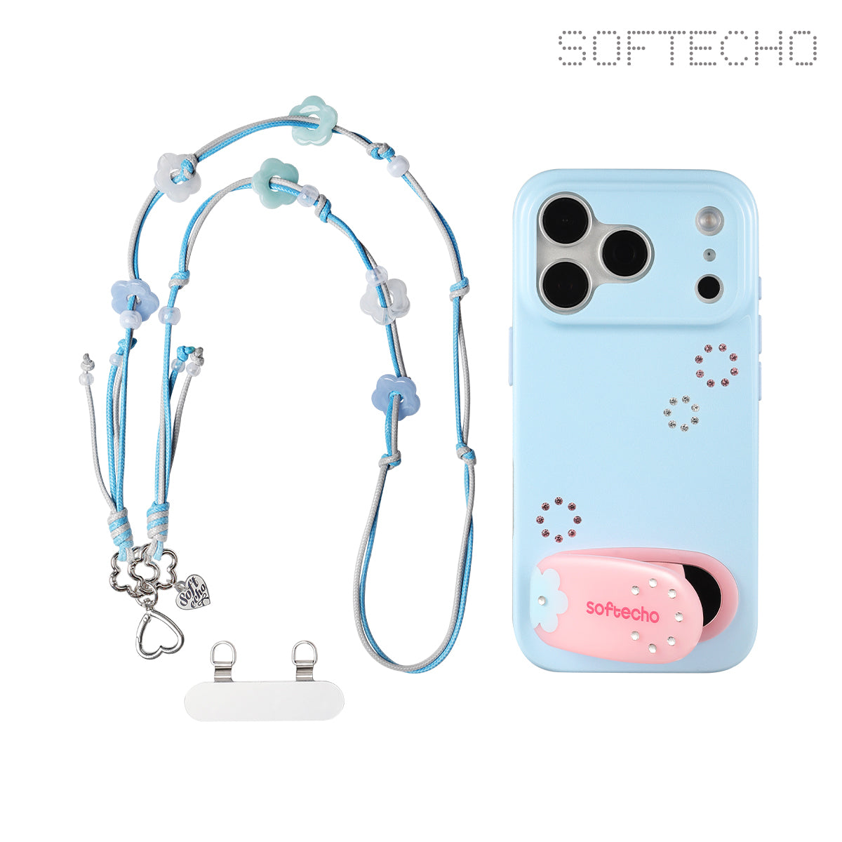 Light blue phone case with pink accent and lanyard on a white background, featuring Softecho branding.
