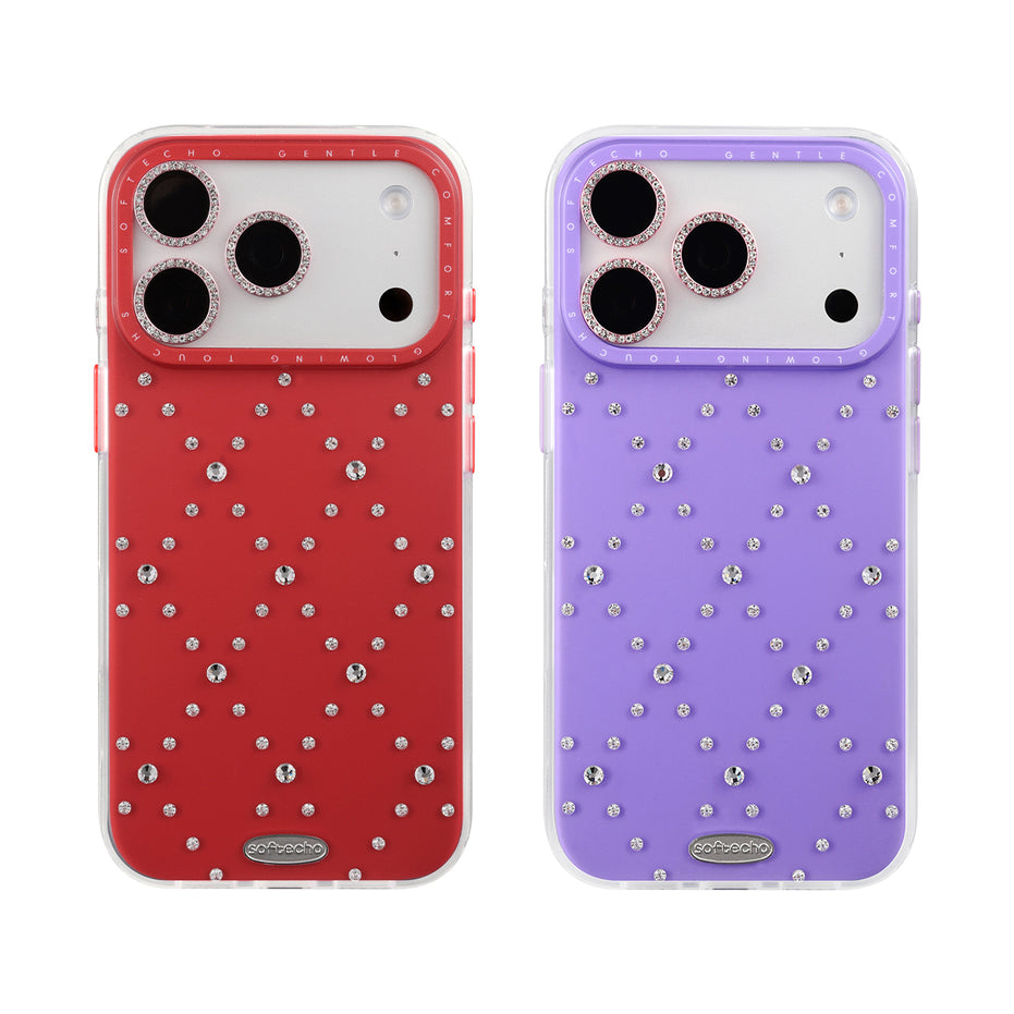 Two phone cases, one red and one purple, with rhinestone