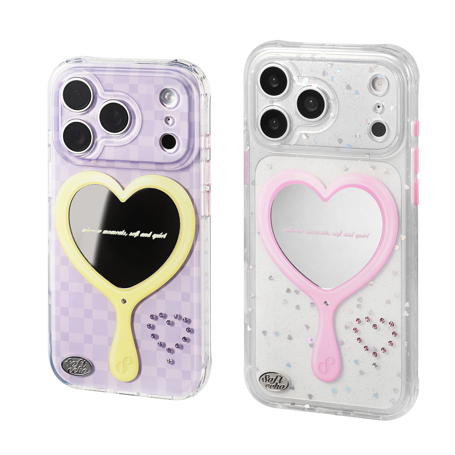 Two phone cases with heart mirror designs 