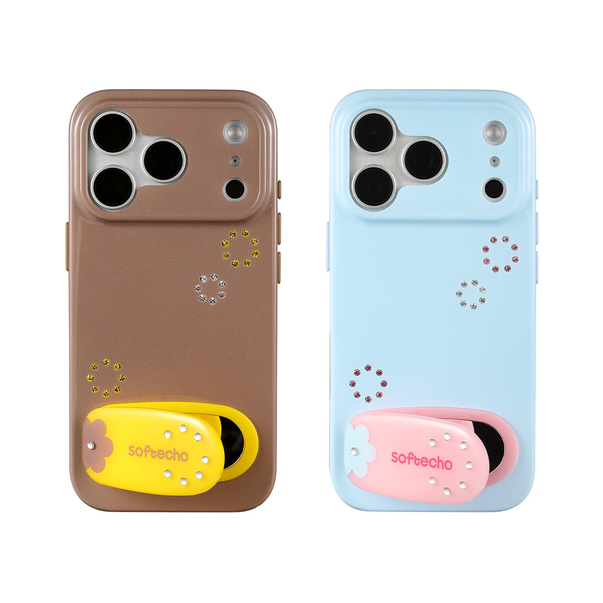 Two phone cases, one brown and one blue, with decorative mirror and 'softecho' branding.