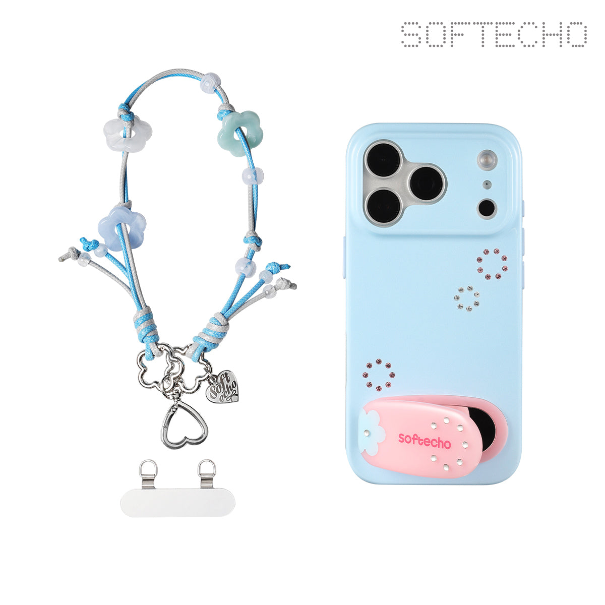 Light blue phone case with charm strap and SOFTECHO branding on a white background