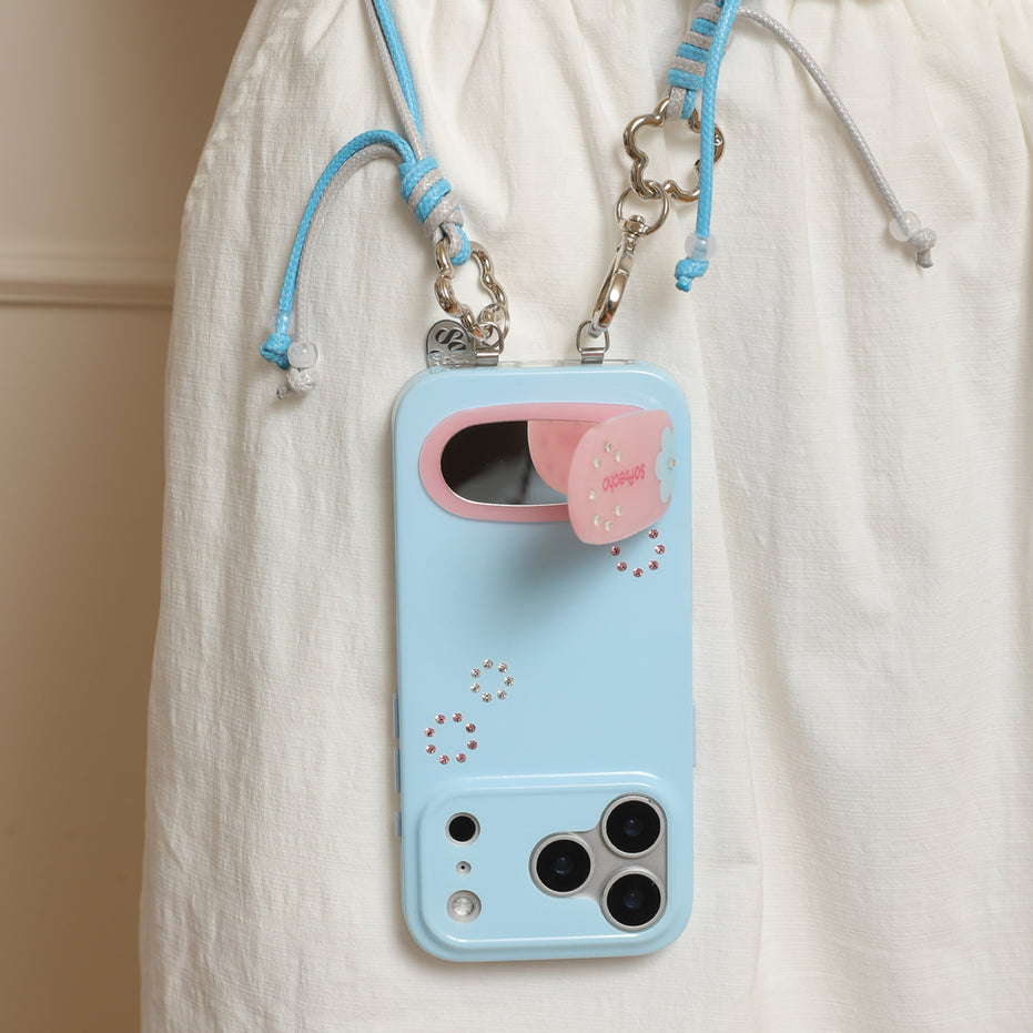 Blue phone case with strawberry design and lanyard on a white background