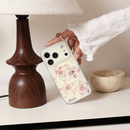 Person holding a phone with a floral case