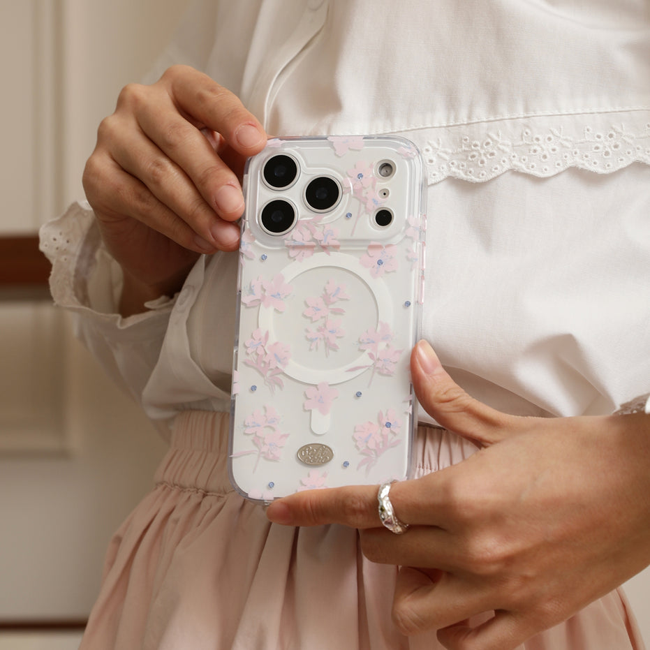 Person holding a phone with a floral case