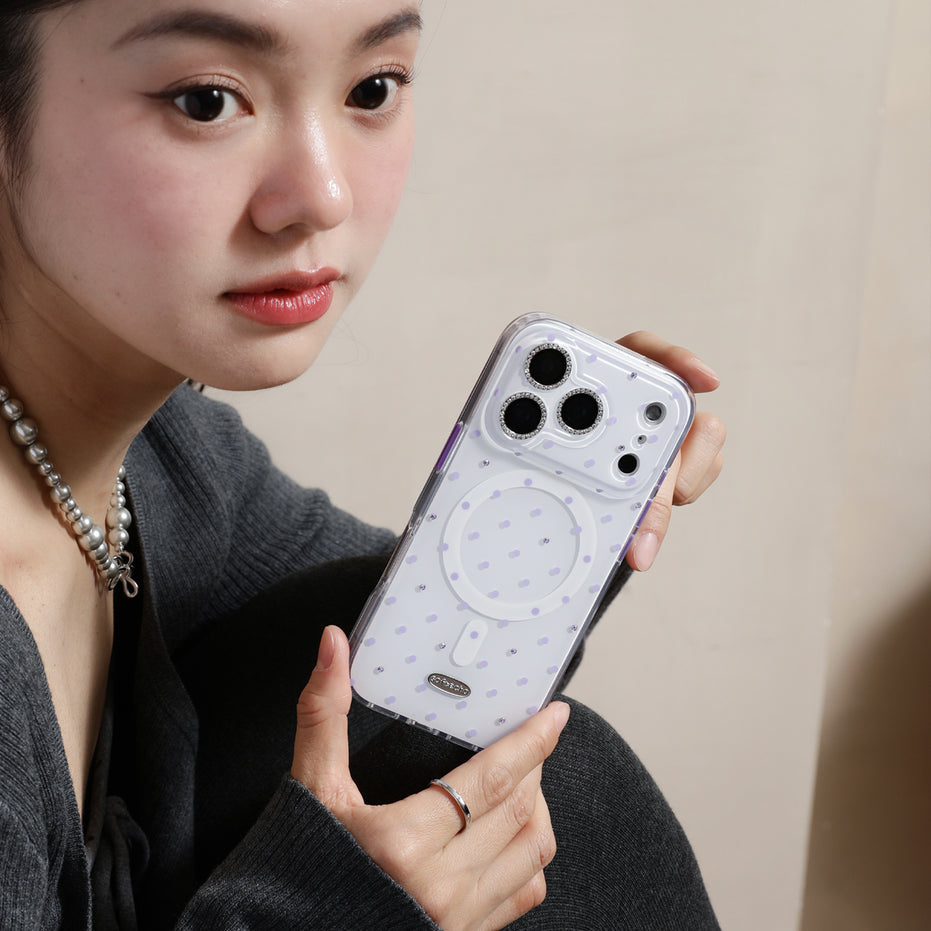 Woman holding a phone case with a clear design