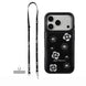 Black phone case with floral designs and a lanyard on a white background