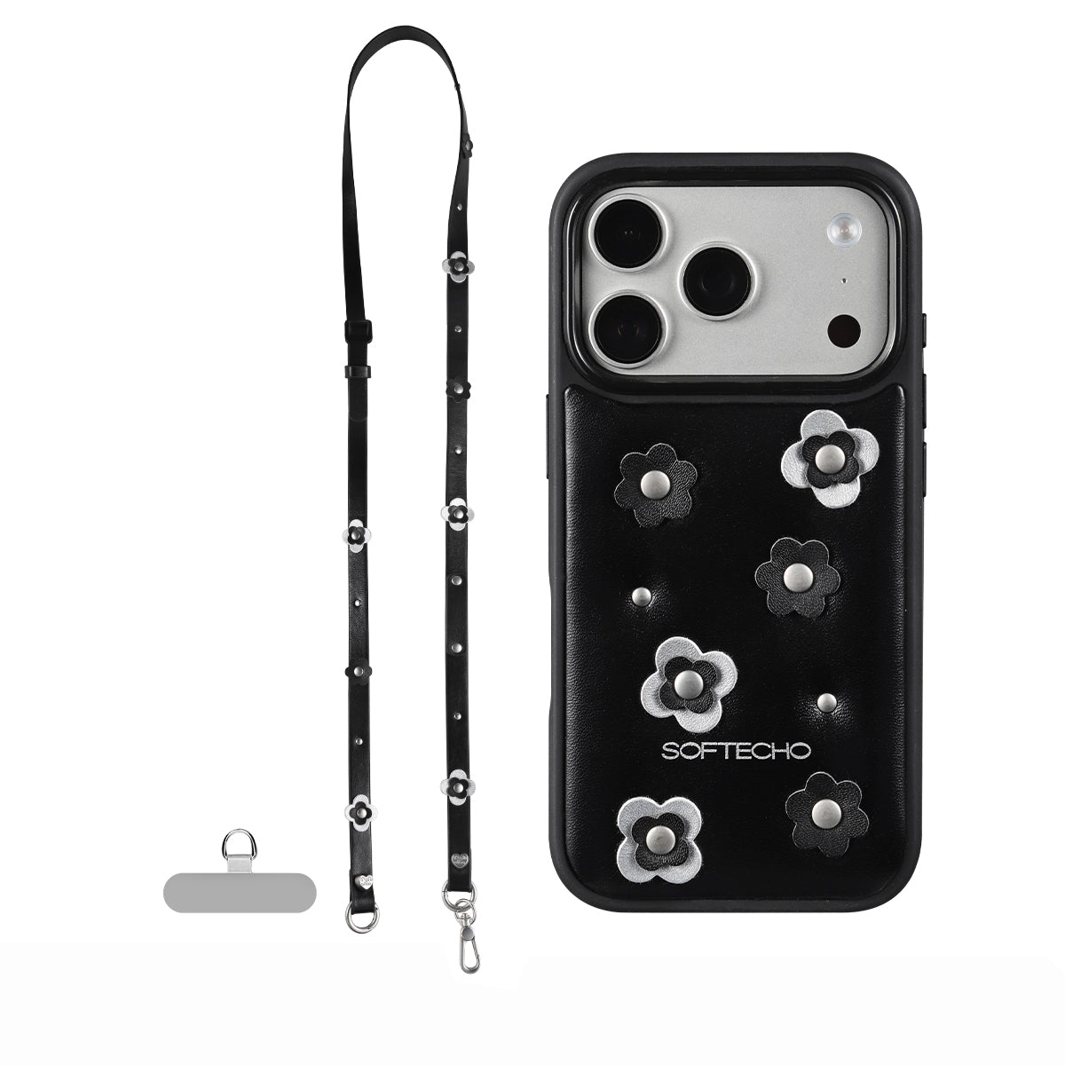Black phone case with floral designs and a lanyard on a white background