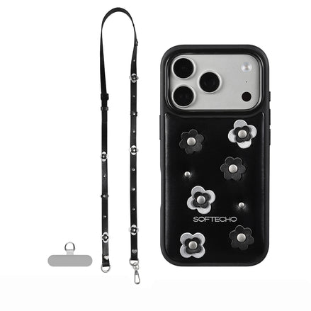 Black phone case with floral designs and a lanyard on a white background
