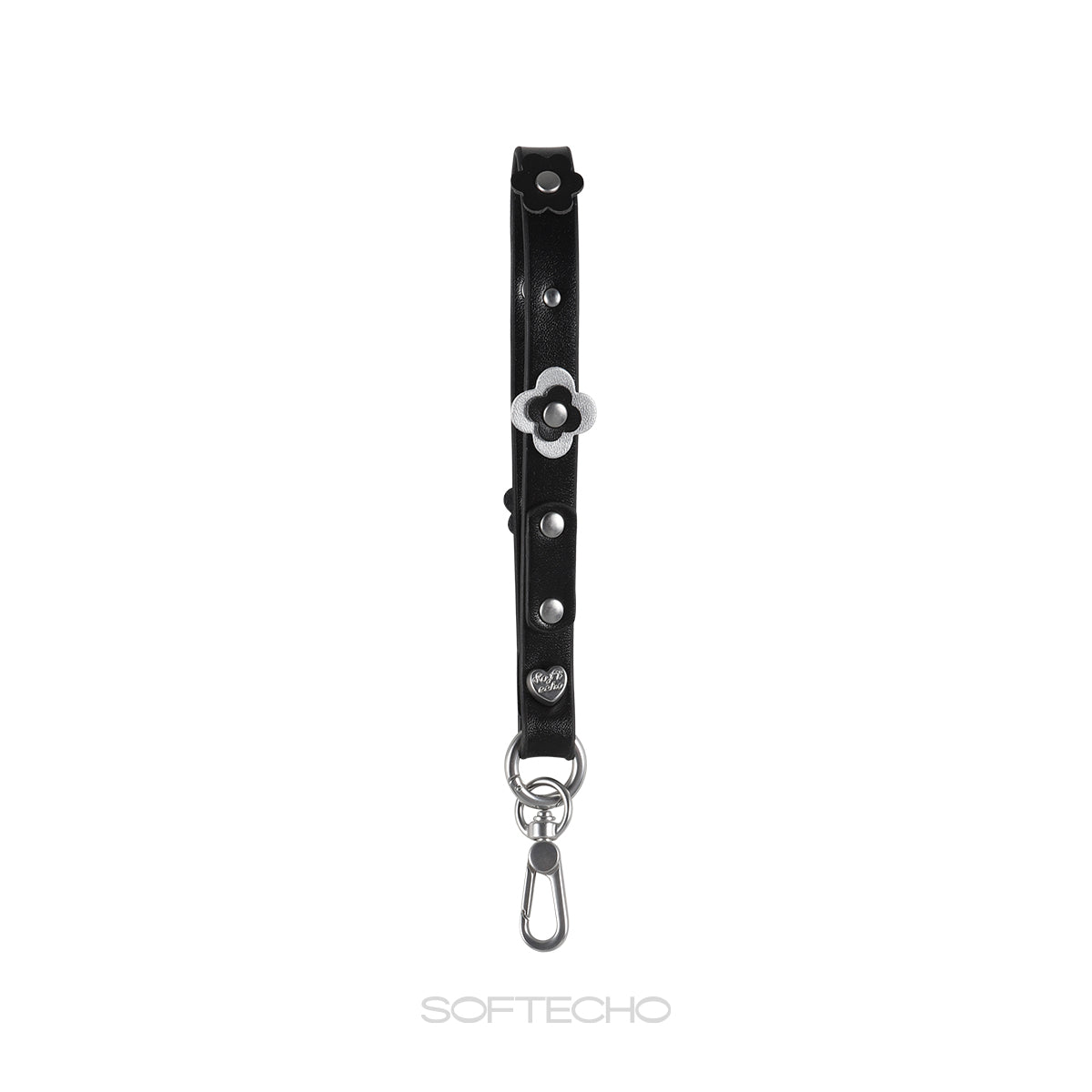 Black leather strap with silver flower charm and hardware on a white background, branded 'SOFTECHO'.
