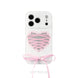 Phone case with heart design and pink bow on a white background