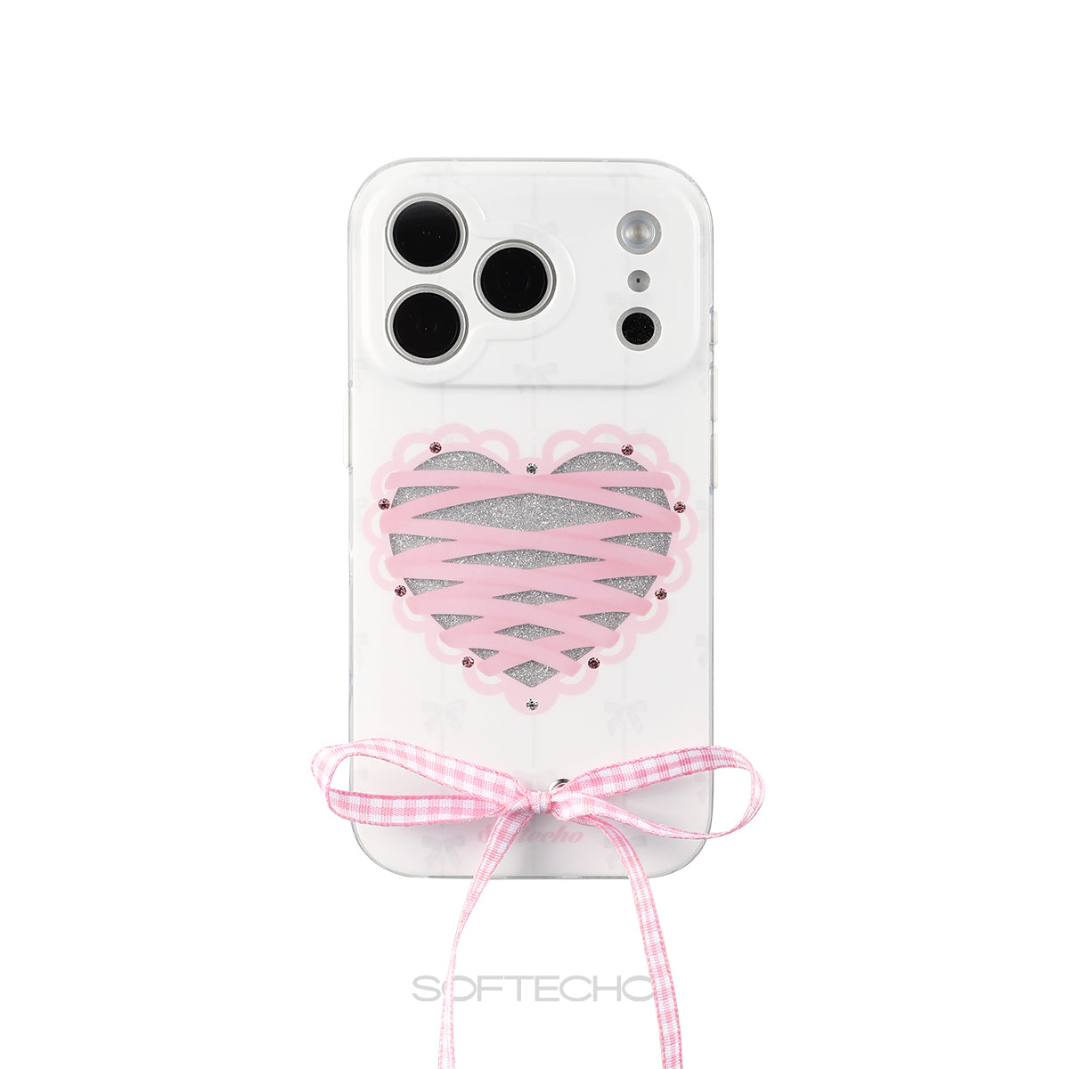 Phone case with heart design and pink bow on a white background
