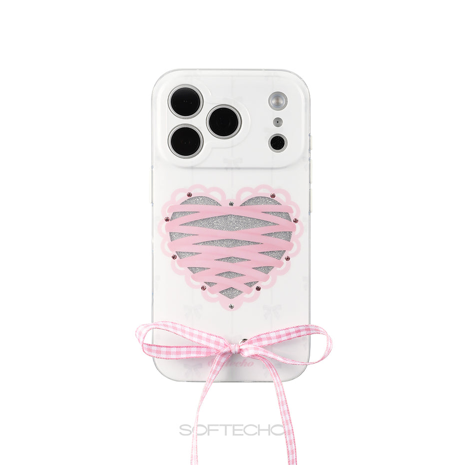 Phone case with heart design and pink bow on a white background