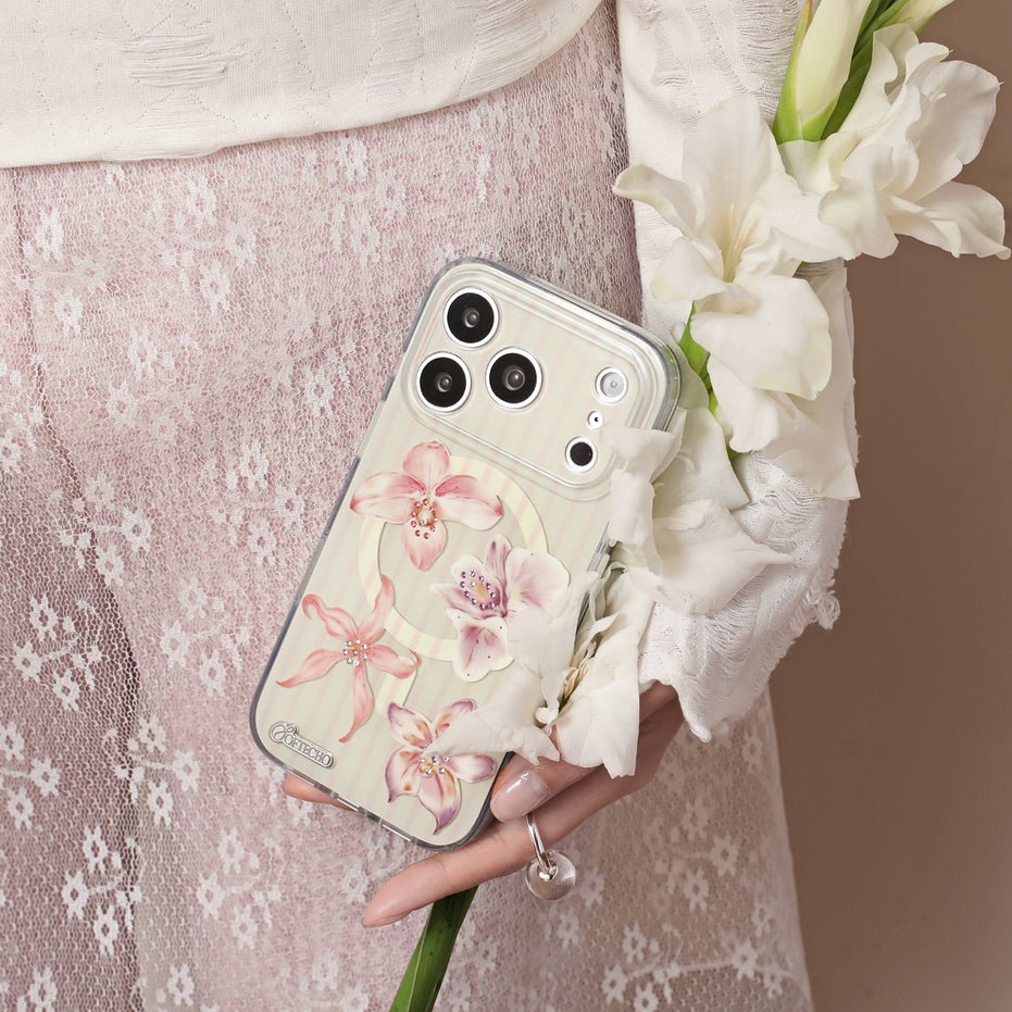 Blush orchid crystal MagSafe iPhone case with floral collage design